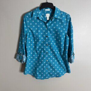 Chico's Size Small (0) Blue Shell Roll Tab Button Down Top Shirt Beach Ocean